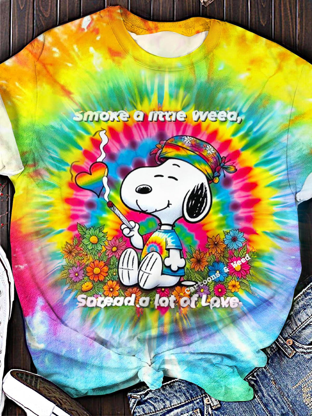Hippie Snoopy Print Crew Neck T-shirt