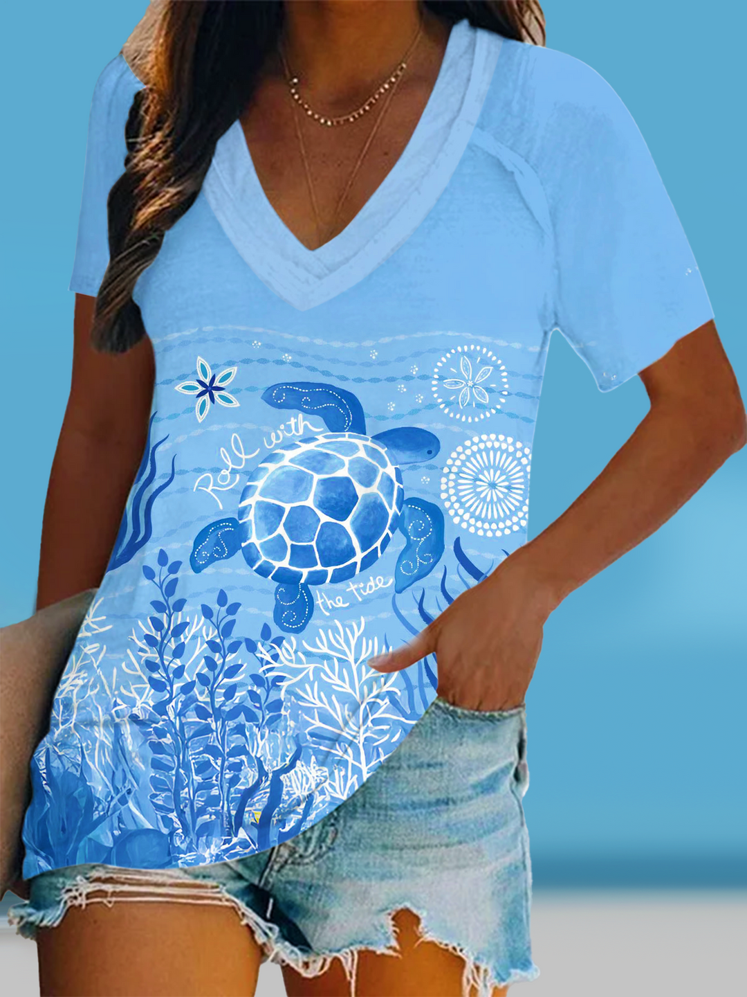 Ocean Vibes Floral Turtle Art Short Sleeve V Neck Print Top
