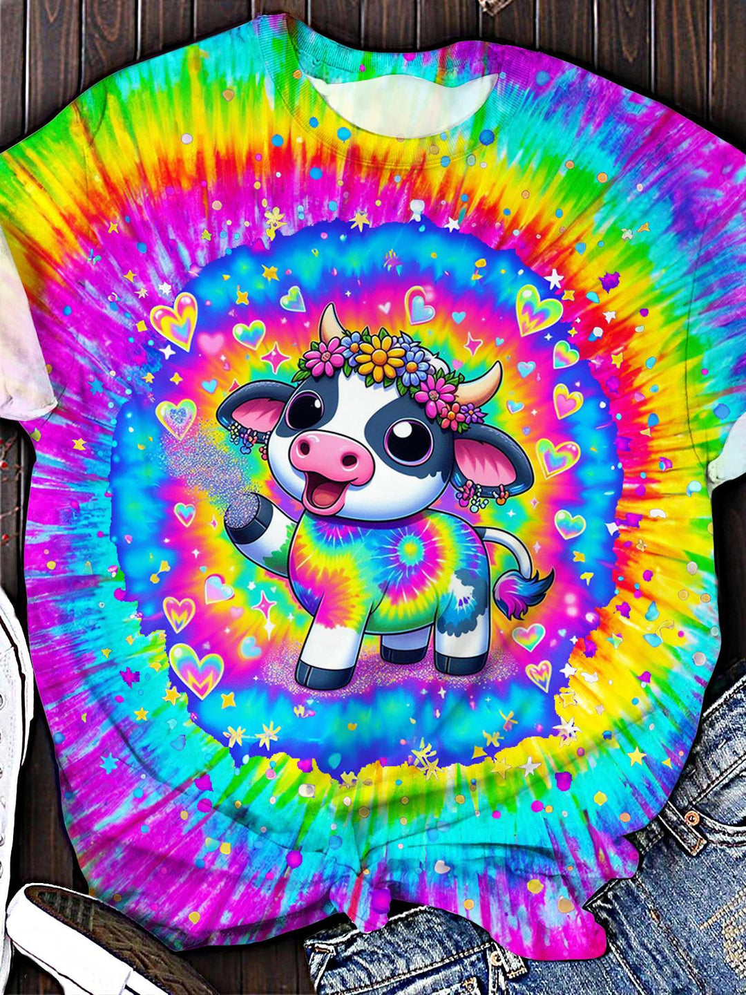 Colorful Hippie Cow Printed Crew Neck T-shirt