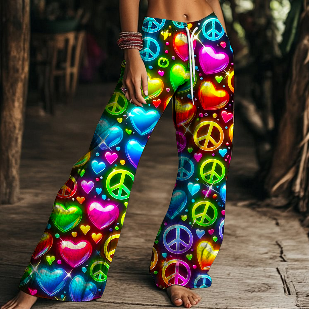 Colorful Love Hippie Art Women's Drawstring Wide-Leg Pants