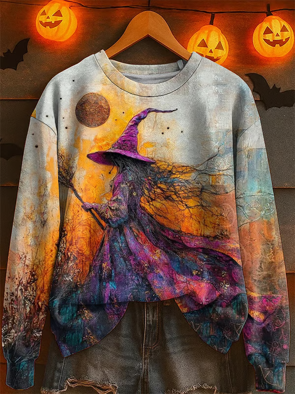 Retro Halloween Witch Printed Long Sleeve Casual Top