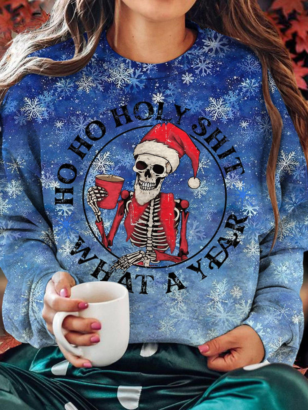 Winter Skeleton Santa Claus Round Neck Sweatshirt
