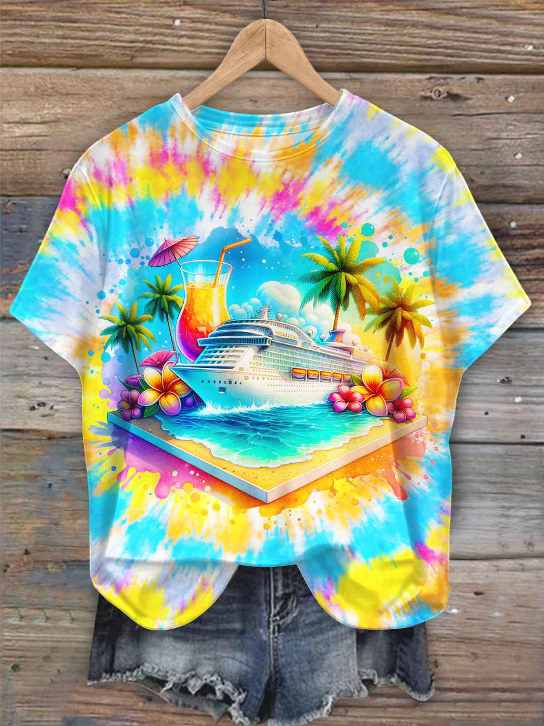 Tie-dye Cruise Watercolor Art Crew Neck T-shirt