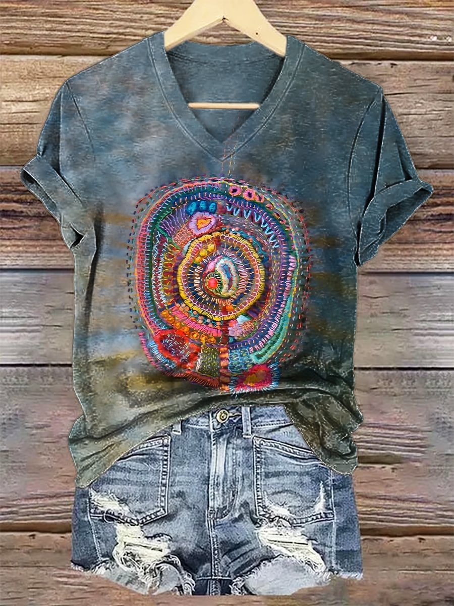 Retro Hippie Patchwork Texture Art V-neck T-Shirt