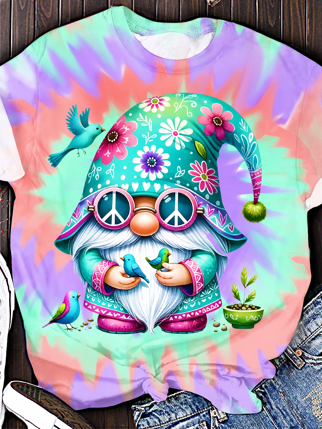 Enchanted Tie-dye Hippie Gnome Art Crew Neck T-shirt