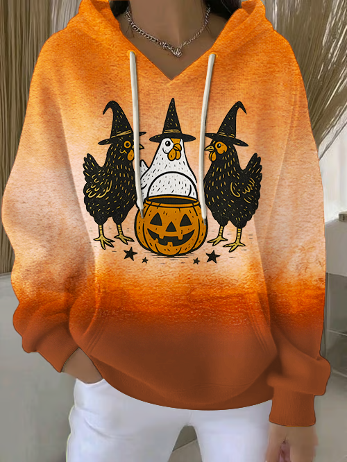 Funny Halloween Chicken Chick or Treat Loose Fit Hooded Sweatshirt With Pockets