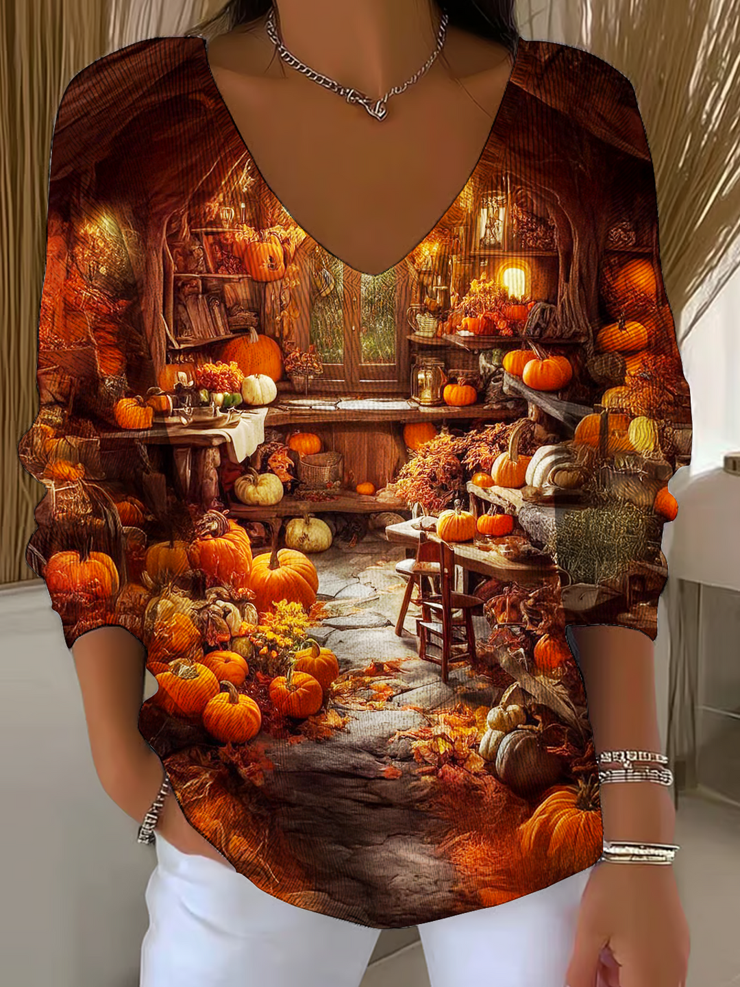 Vintage Autumn Pumpkin Cabin Casual V Neck Pullover Sweater