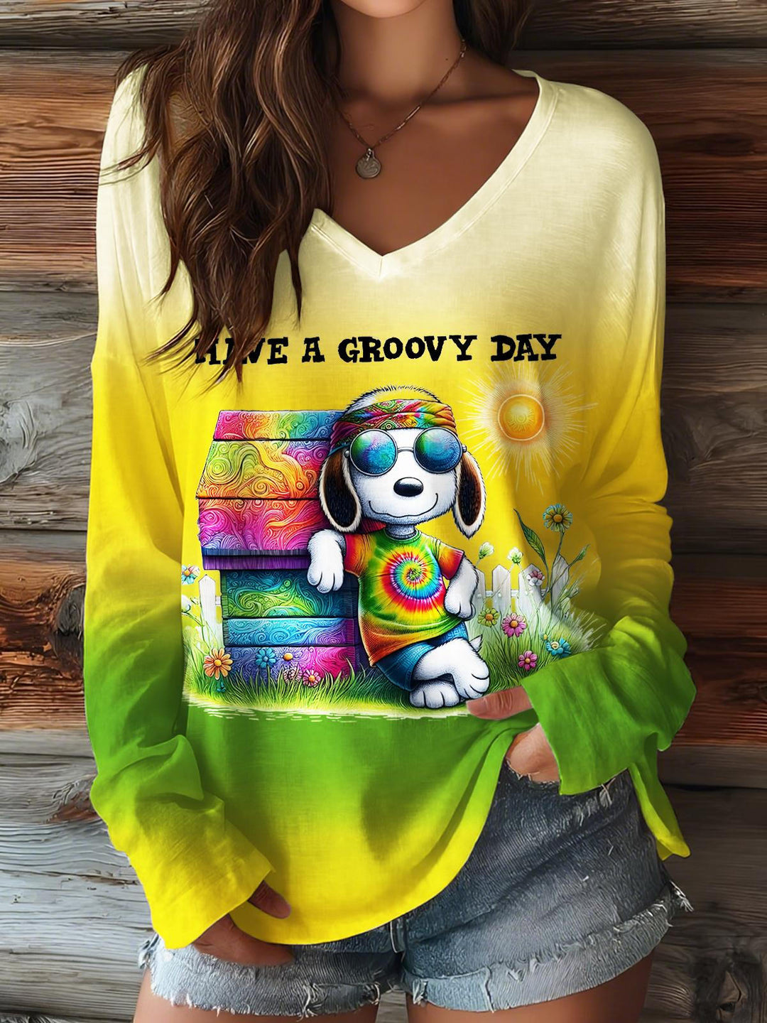 Fun Hippie Snoopy Print V-Neck Long Sleeve Top