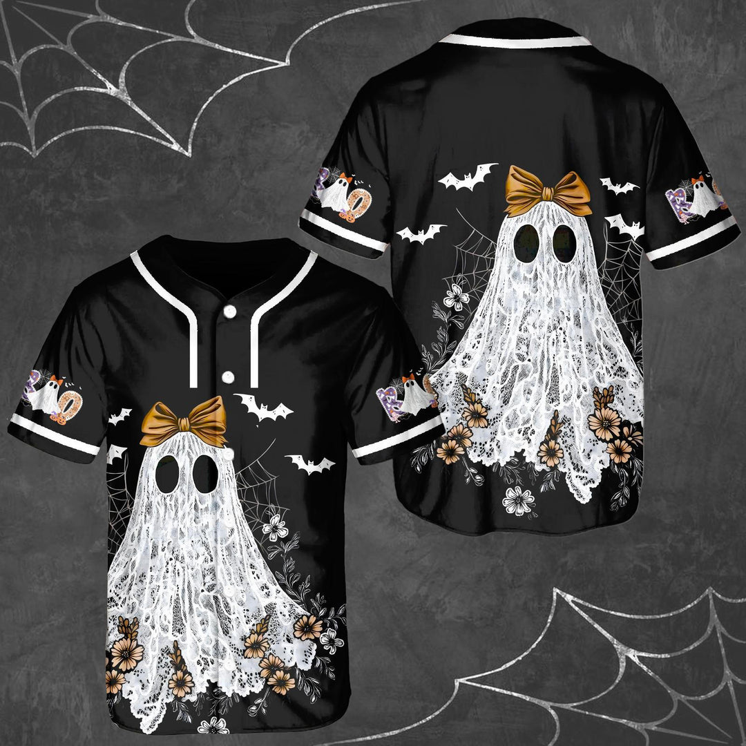 Halloween Lace Ghost Print Baseball Jersey