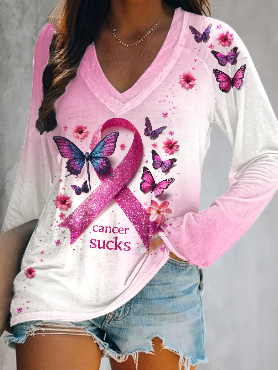 Breast Cancer Awareness Print V-Neck Long Sleeve Top