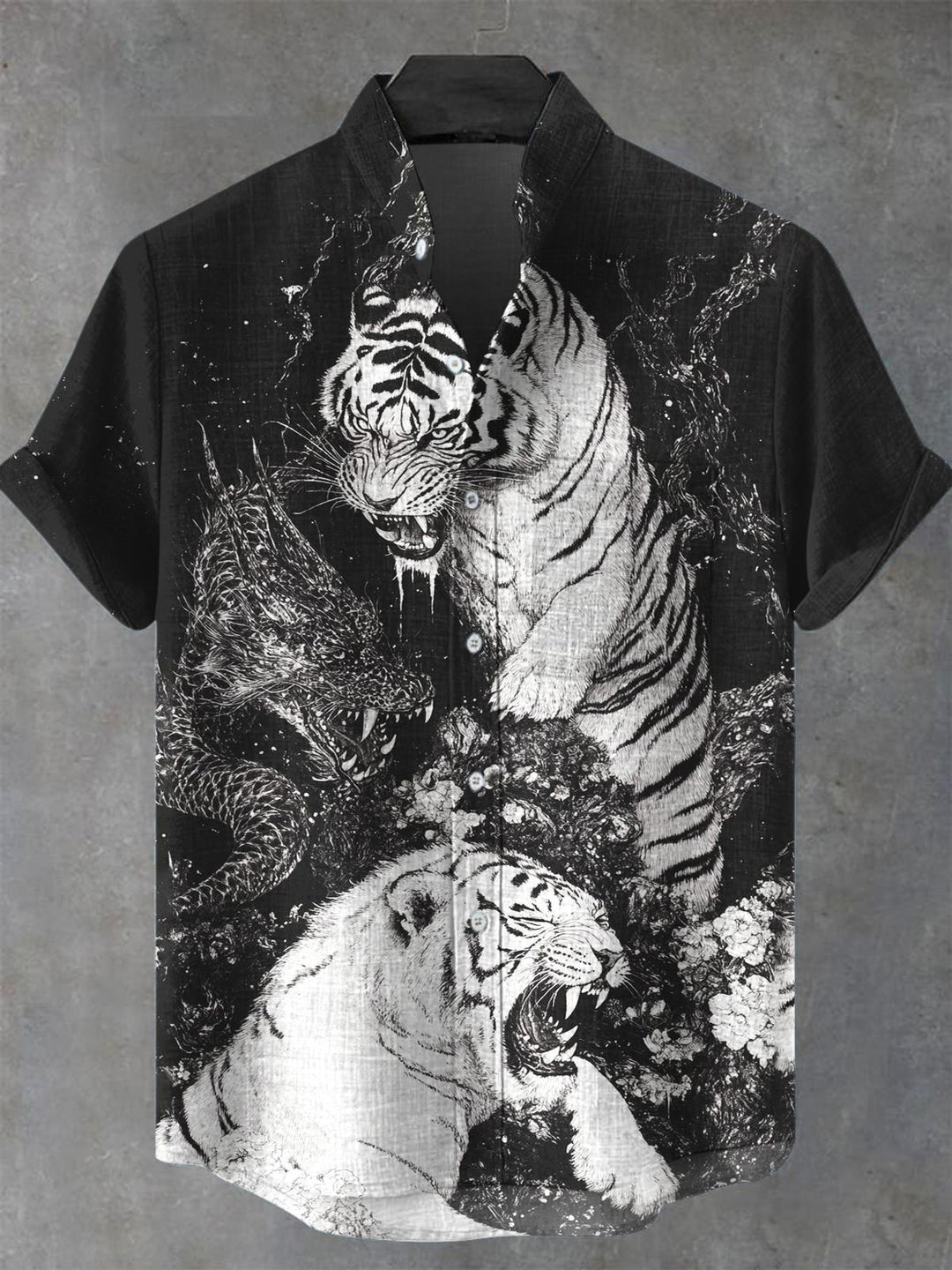 Men's White Tiger Print Pocket Short Sleeve Stand Collar Shirts