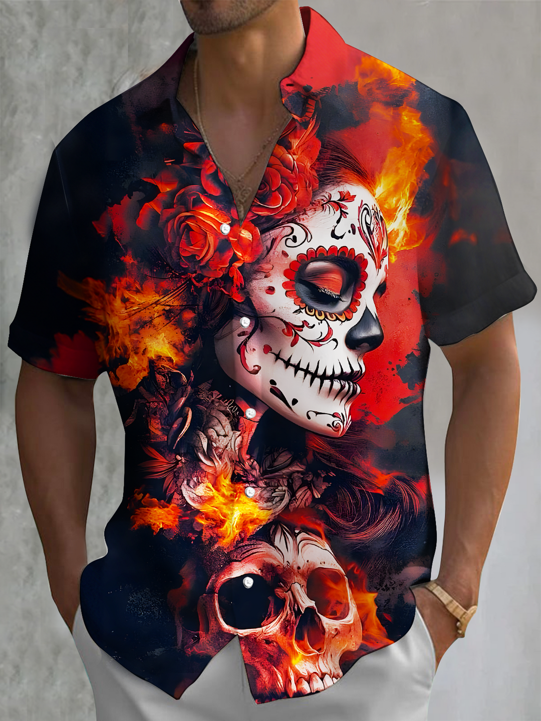 Men's Flame Rose Skull Short Sleeve Shirts