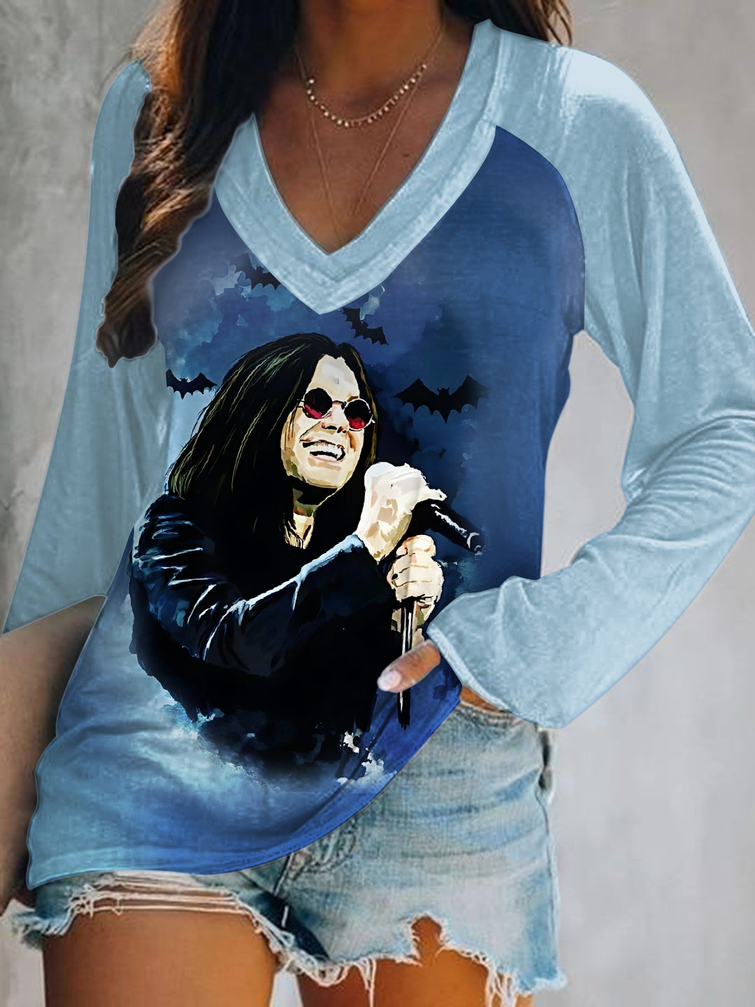 Ozzy Osbourne Graffiti Print V-Neck Long Sleeve Top