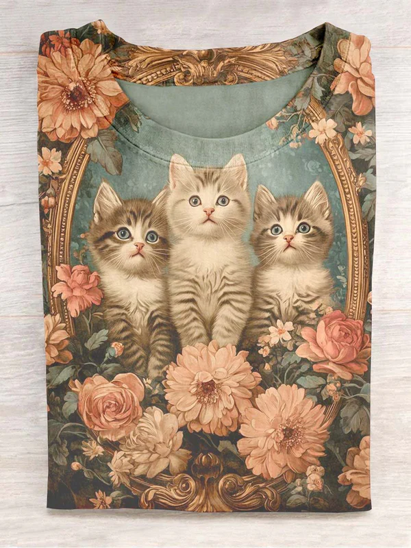 Vintage Cat Floral Crew Neck T-shirt
