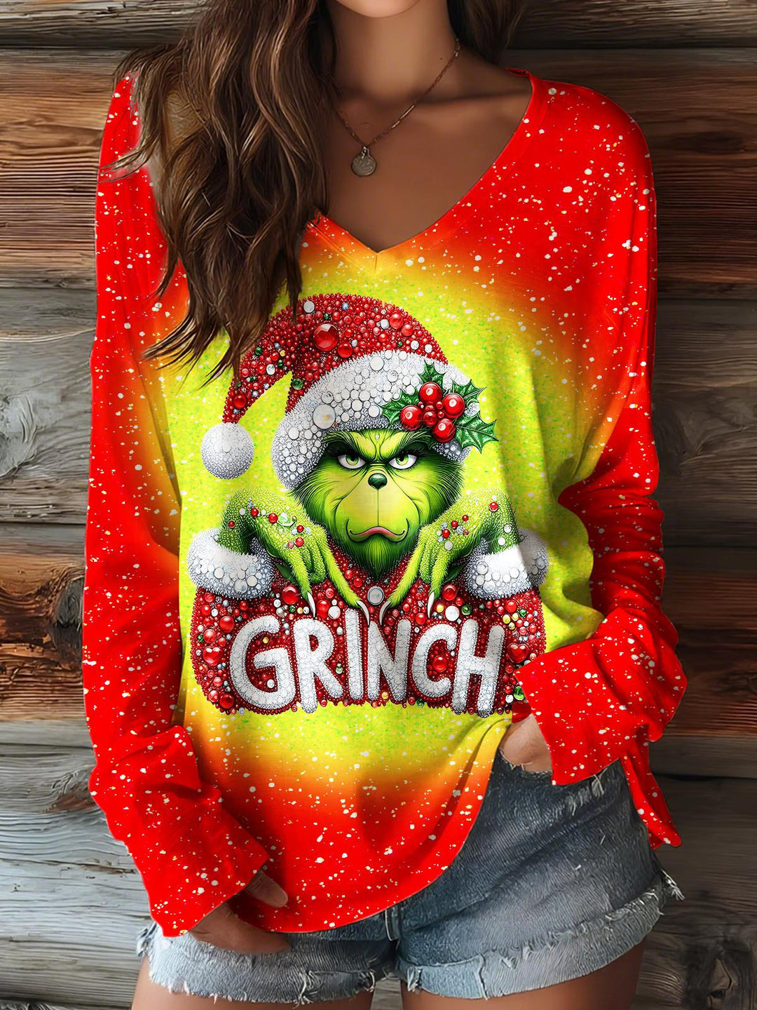 Christmas Grinch Print V-neck Long Sleeve Top