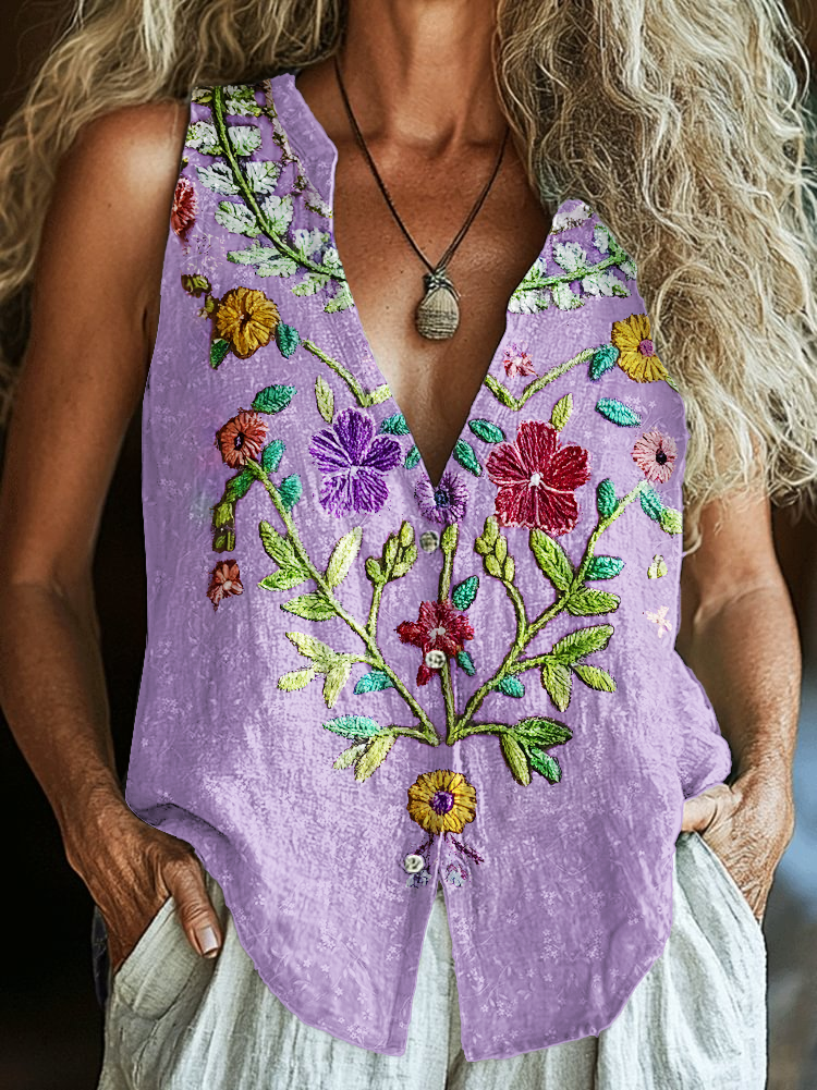 Retro Floral Printed Sleeveless Cotton Crinkled Shirt