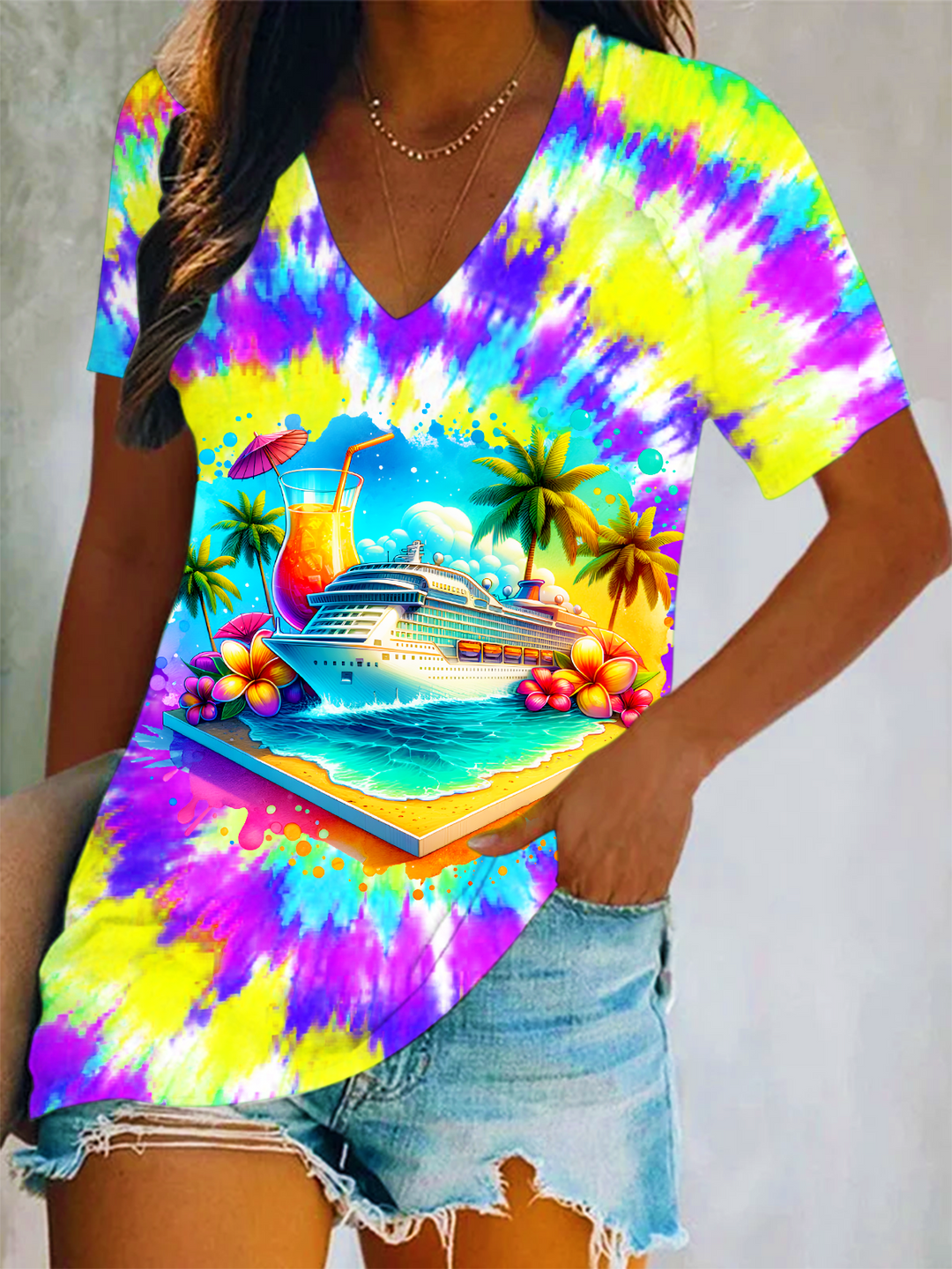 Tie-dye Cruise Watercolor Art Short Sleeve V Neck Print Top