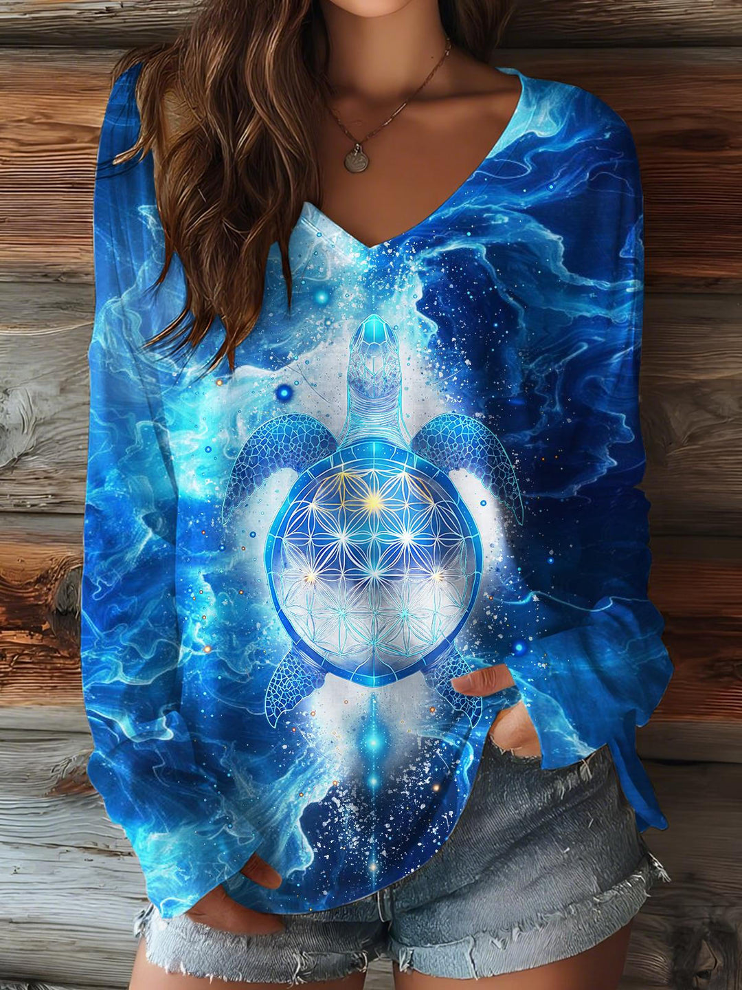 Marine Art Turtle Print V-neck Long Sleeve Top
