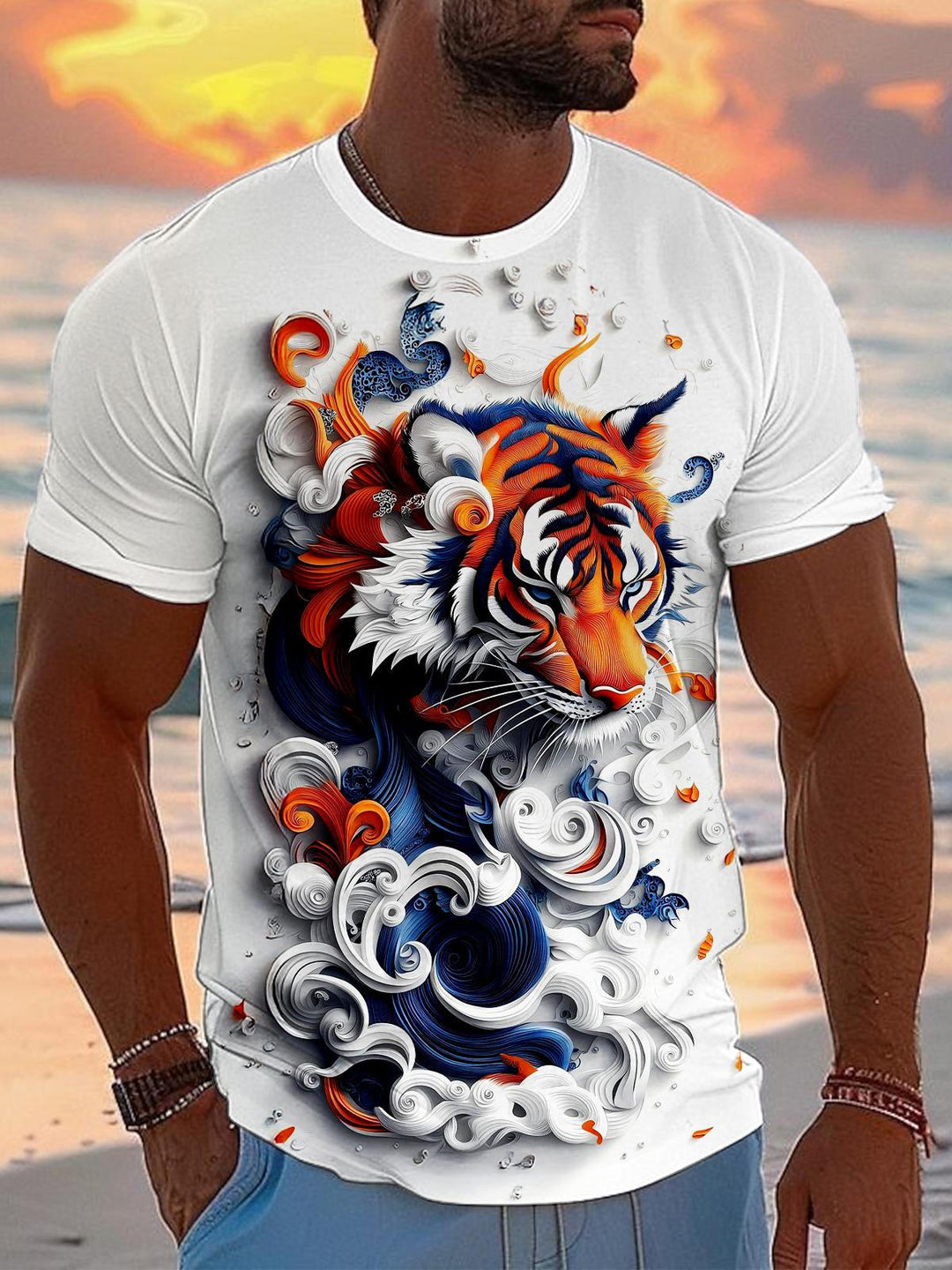 Tiger Visual Art Round Neck Short Sleeve Men's T-shirt