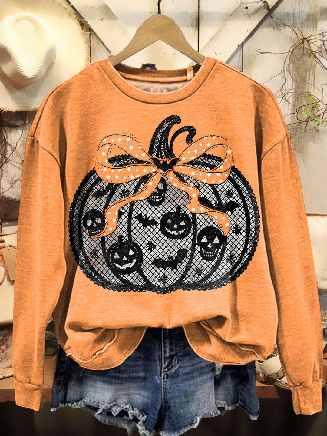Vintage Lace Ribbon Pumpkin Art Printed Long Sleeve Casual Top