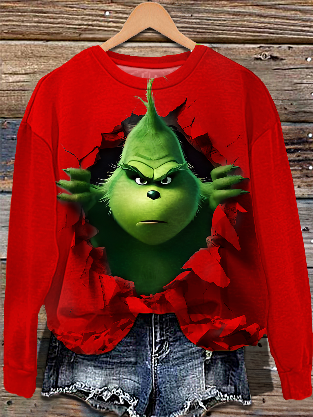 Retro Fun Christmas Grinch Printed Long Sleeve Casual Top