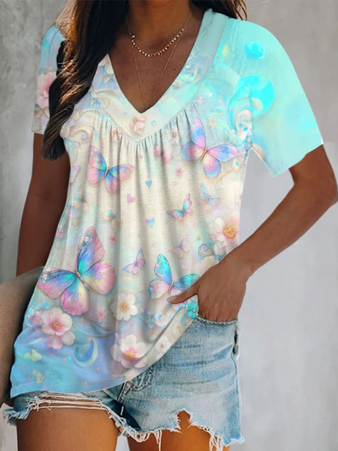 Mint Pink Butterflies Short Sleeve V Neck Print Top