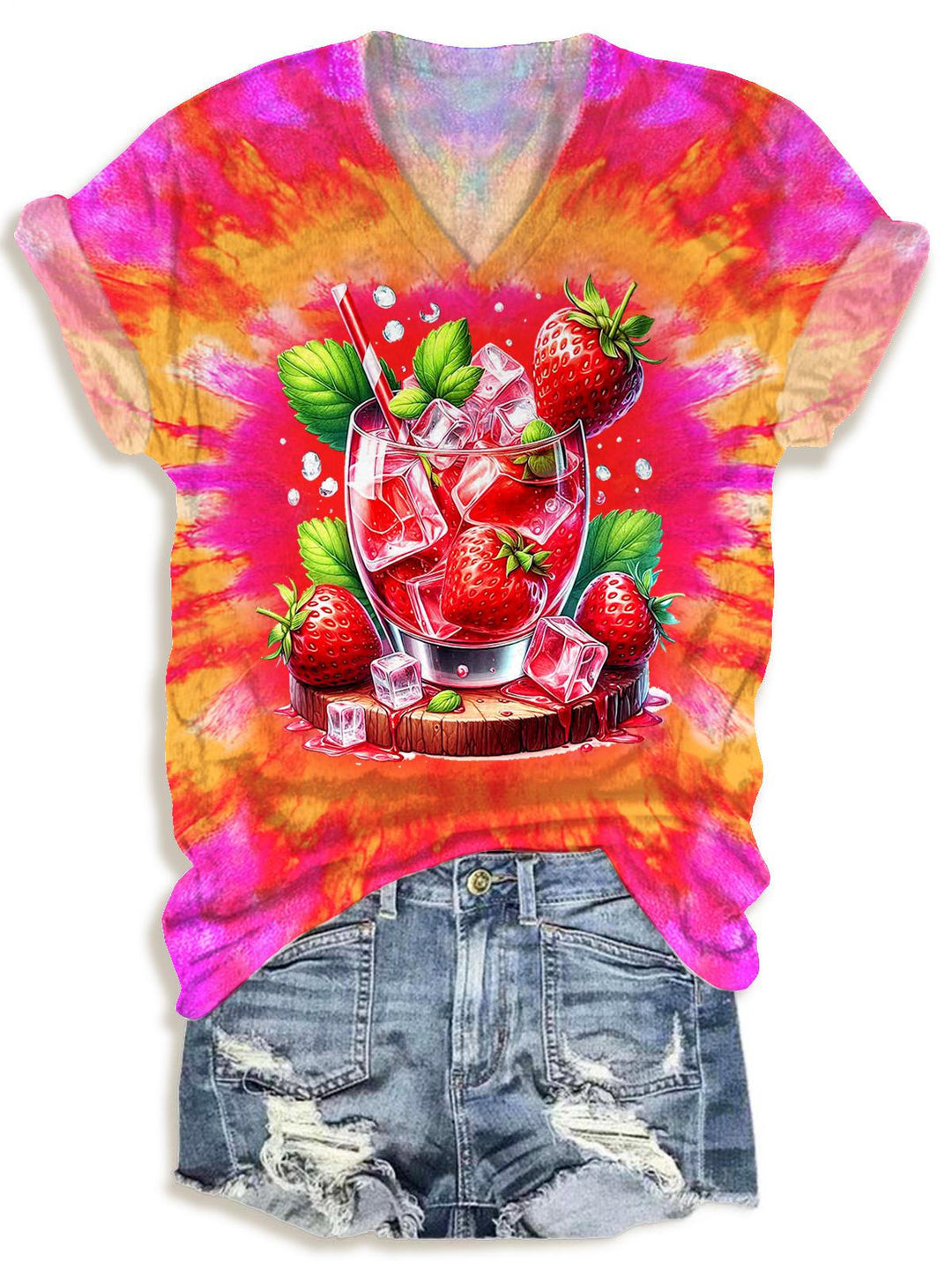 Fruit Strawberry Print V-neck T-Shirt