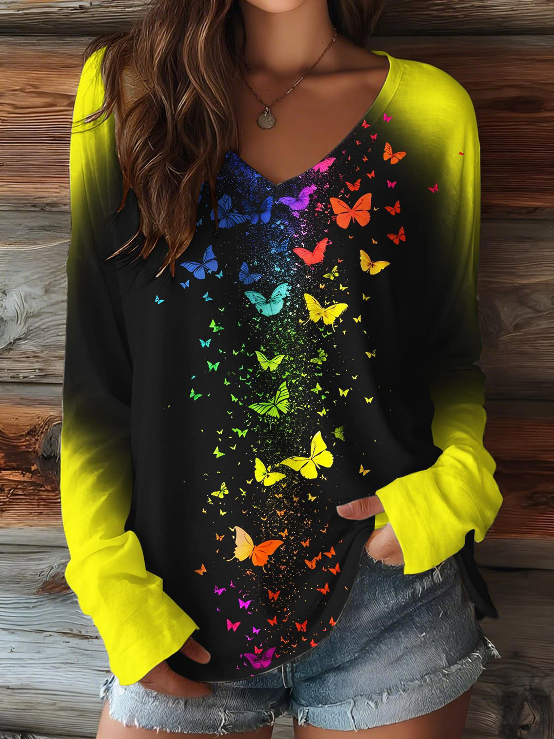 Hippie Gradient Butterfly Ladies Loose Short Sleeve T-shirt