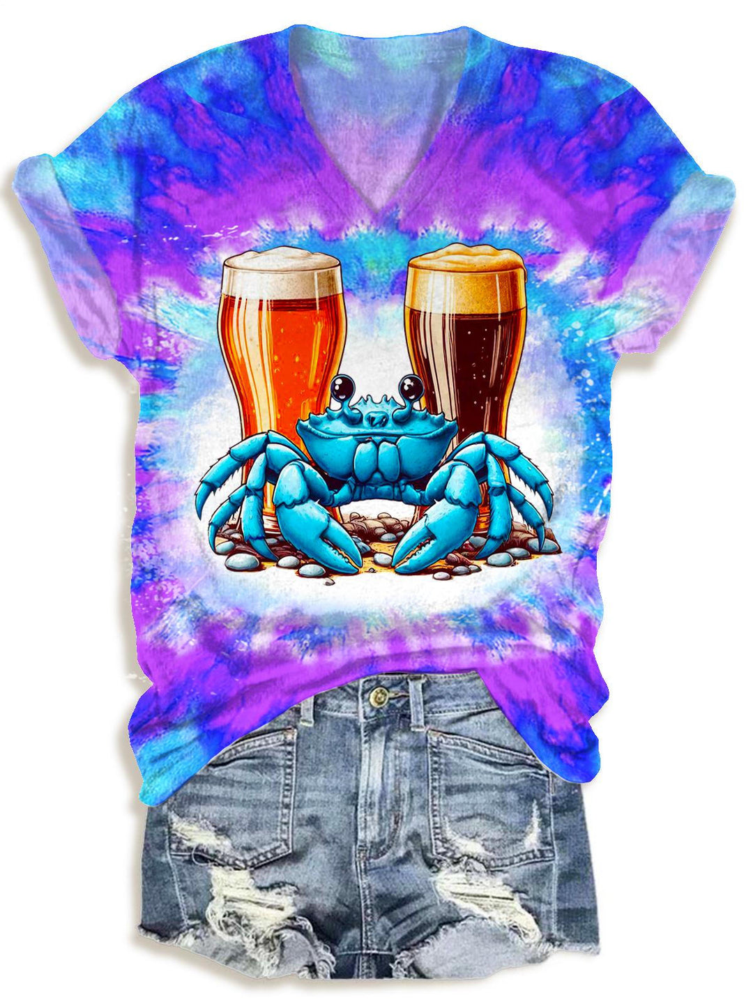 Funny Crab Print V-neck T-Shirt