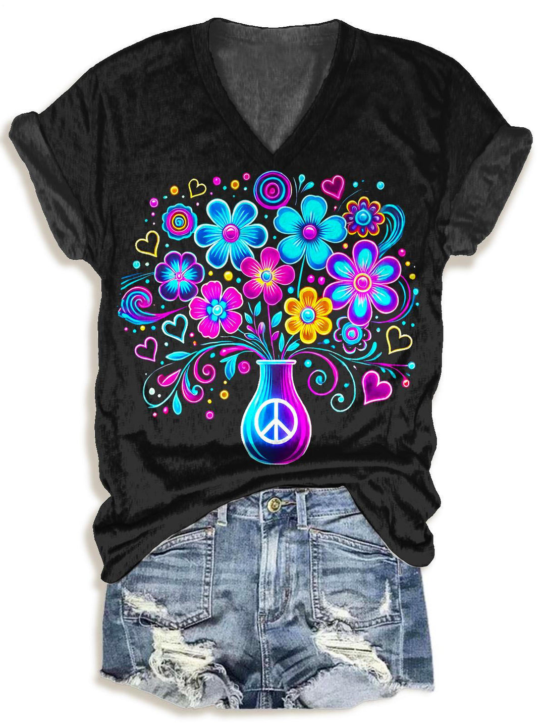 Hippie Floral V-neck T-Shirt