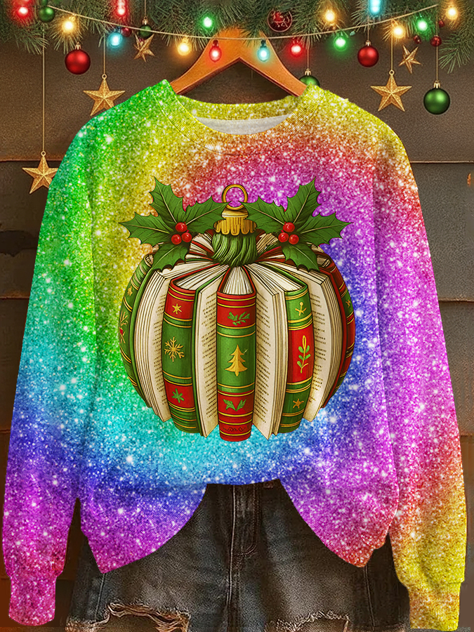 Christmas Book Pumpkin Printed Long Sleeve Casual Top
