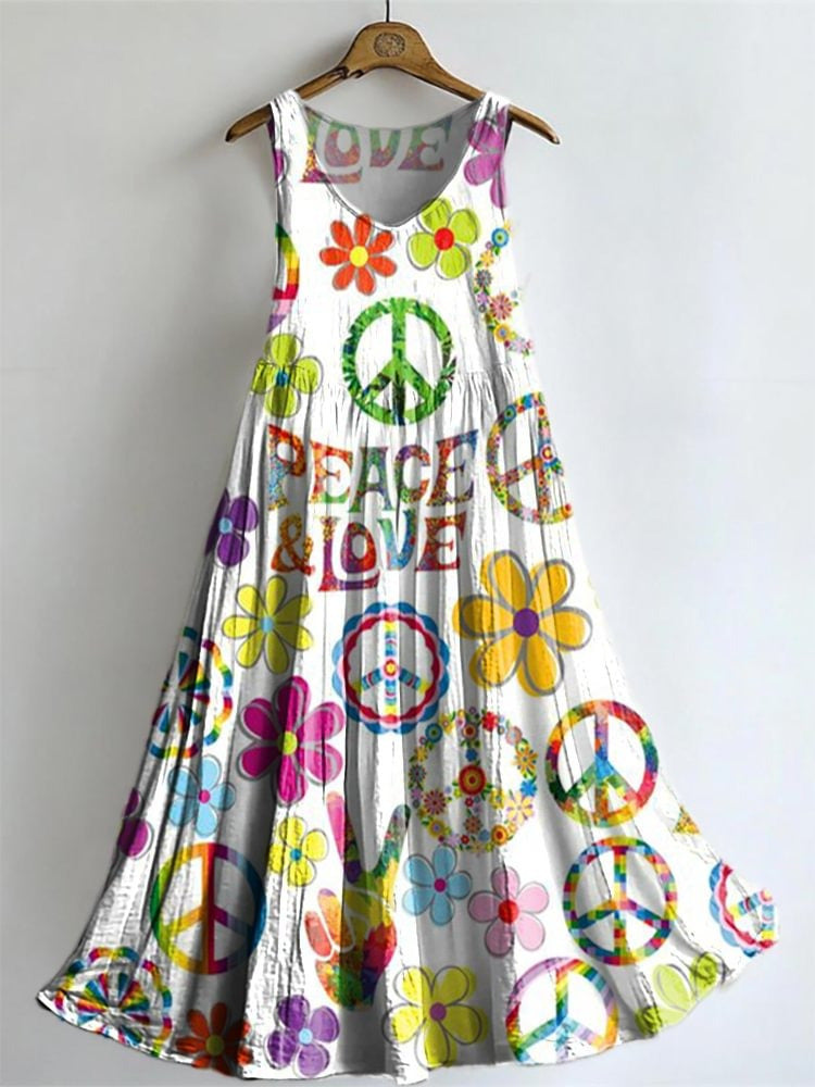 Colorful Hippie Love And Peace Art V-neck Bamboo Linen Sleeveless Dress