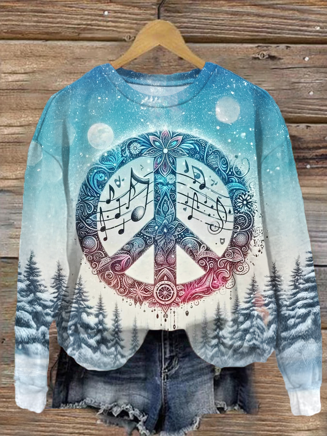 Winter Sonata Hippie Peace Art Printed Long Sleeve Casual Top