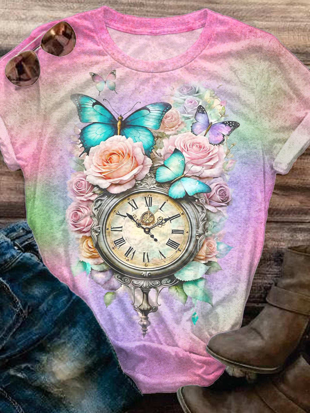 Clock Floral Butterfly Print Crew Neck T-shirt