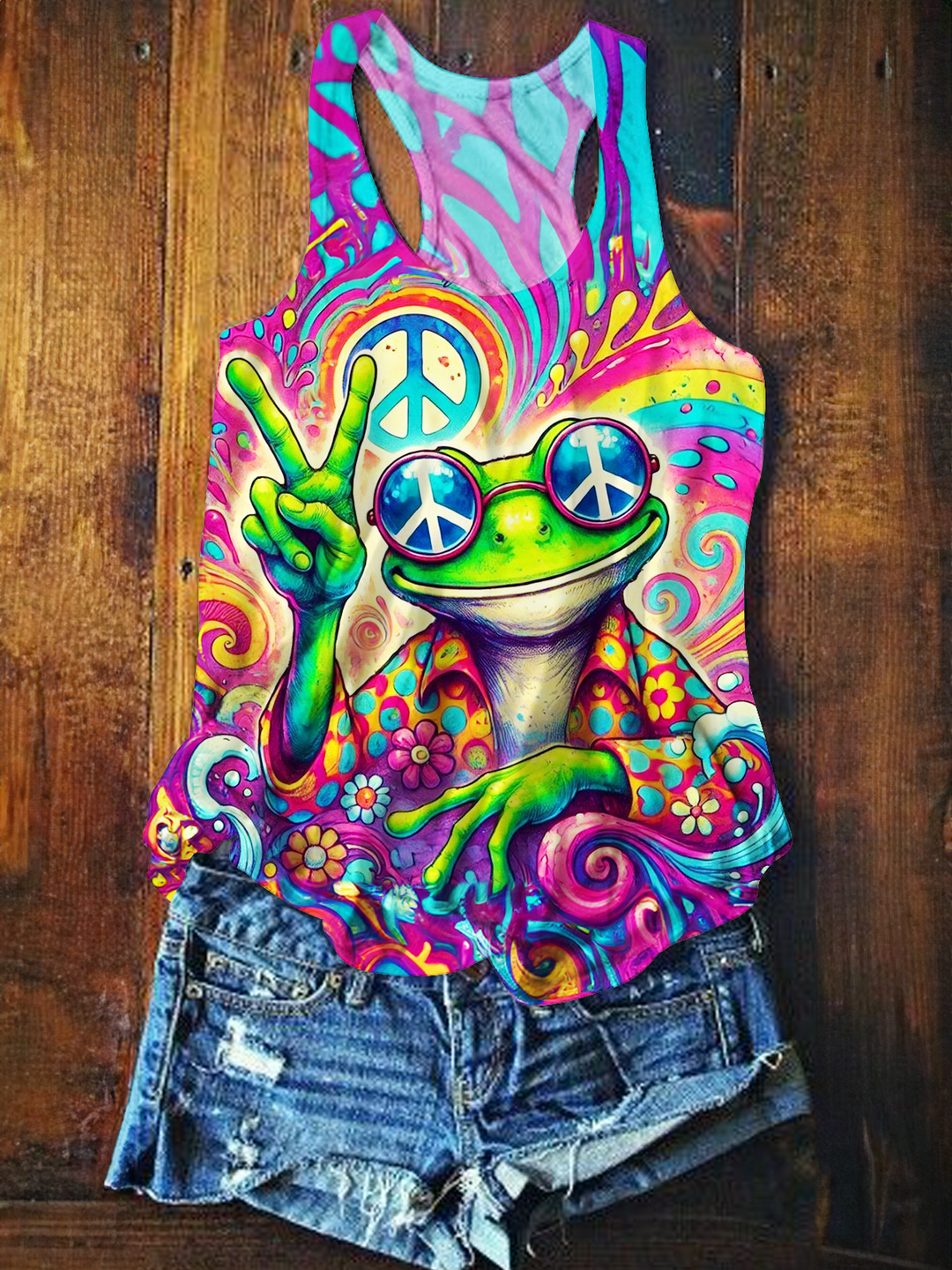 Colorful Tie-Dye Hippie Peace Frog Printed Casual Tank Top