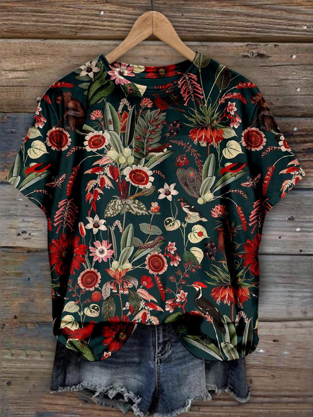 Passion Fruit Flower Print Crew Neck T-shirt