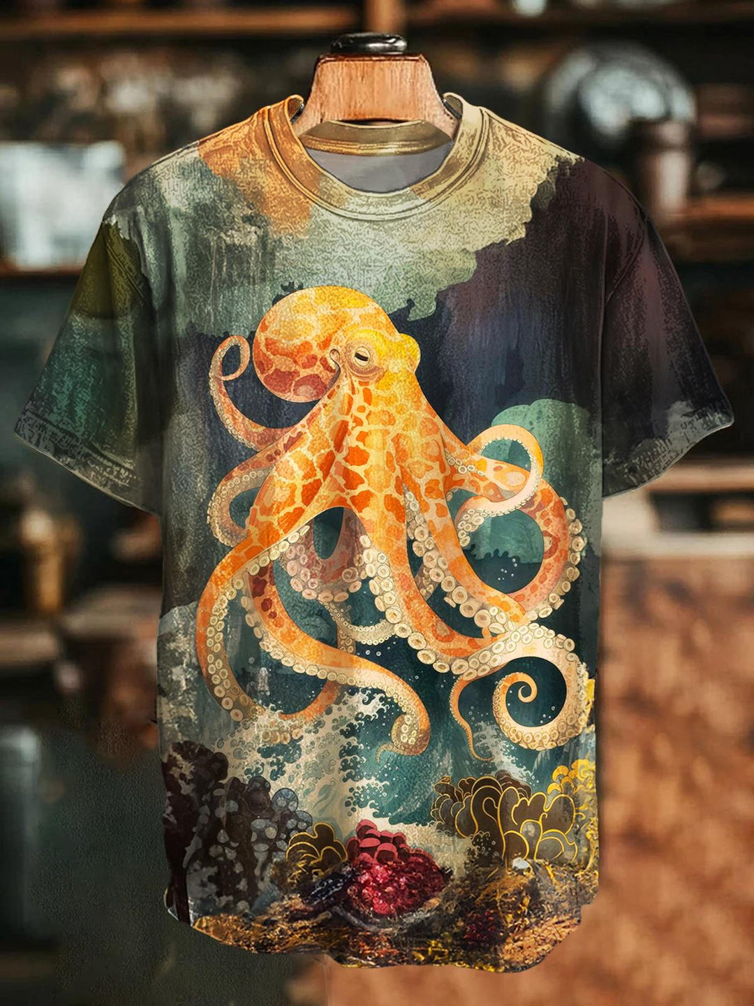 Vintage Octopus Print Crew Neck T-shirt
