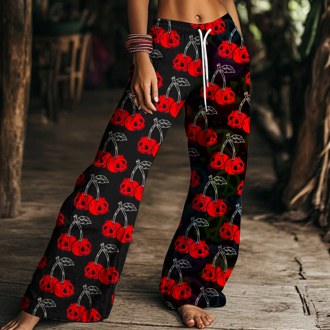 Evil Cherry Skull Women's Drawstring Wide-Leg Pants