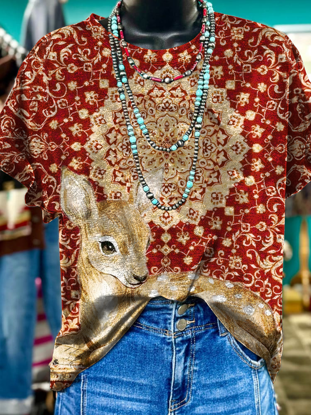 Vintage Folk Pattern Deer Art Crew Neck T-shirt