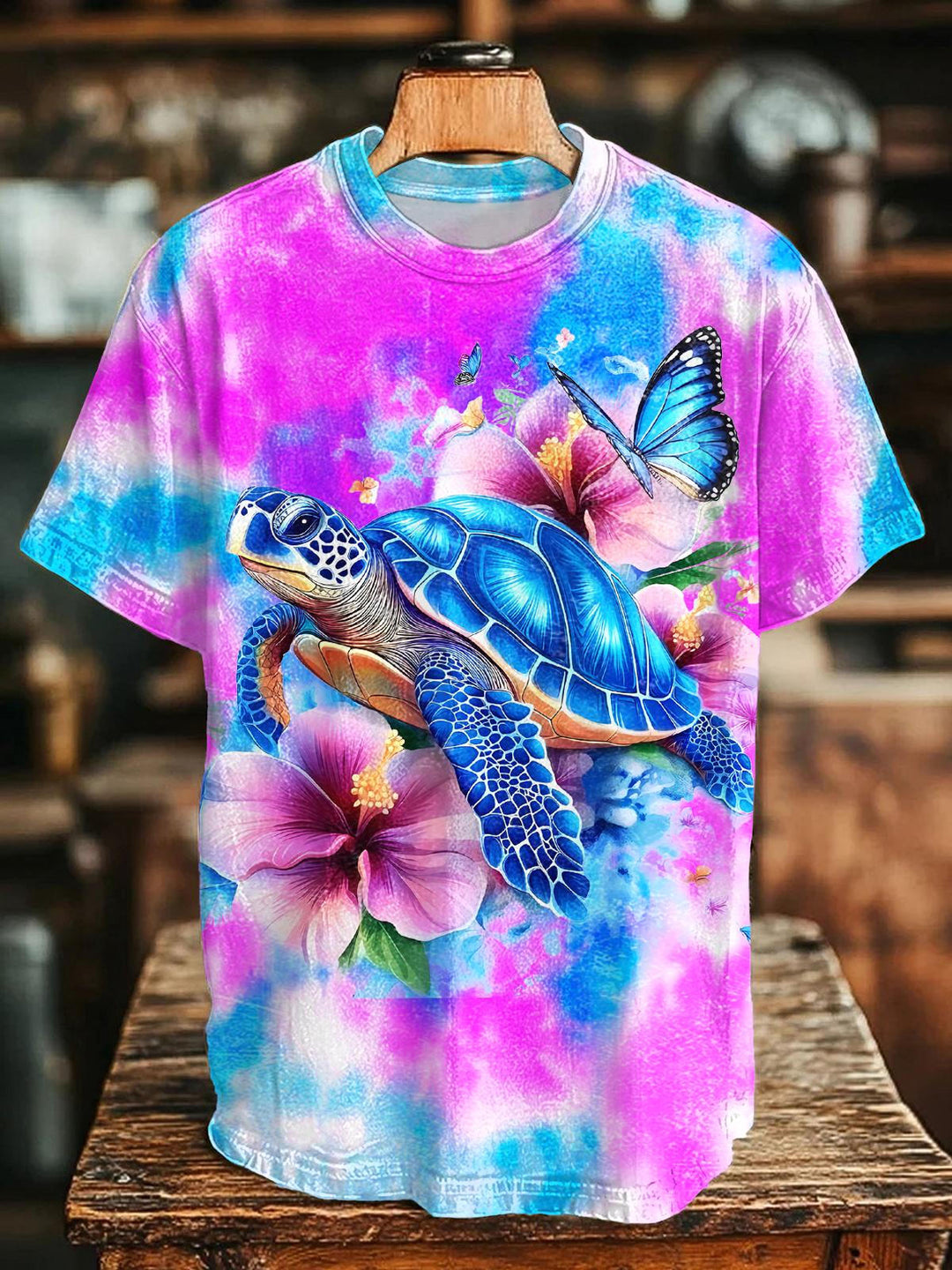 Colorful Turtle Flower Print Crew Neck T-shirt