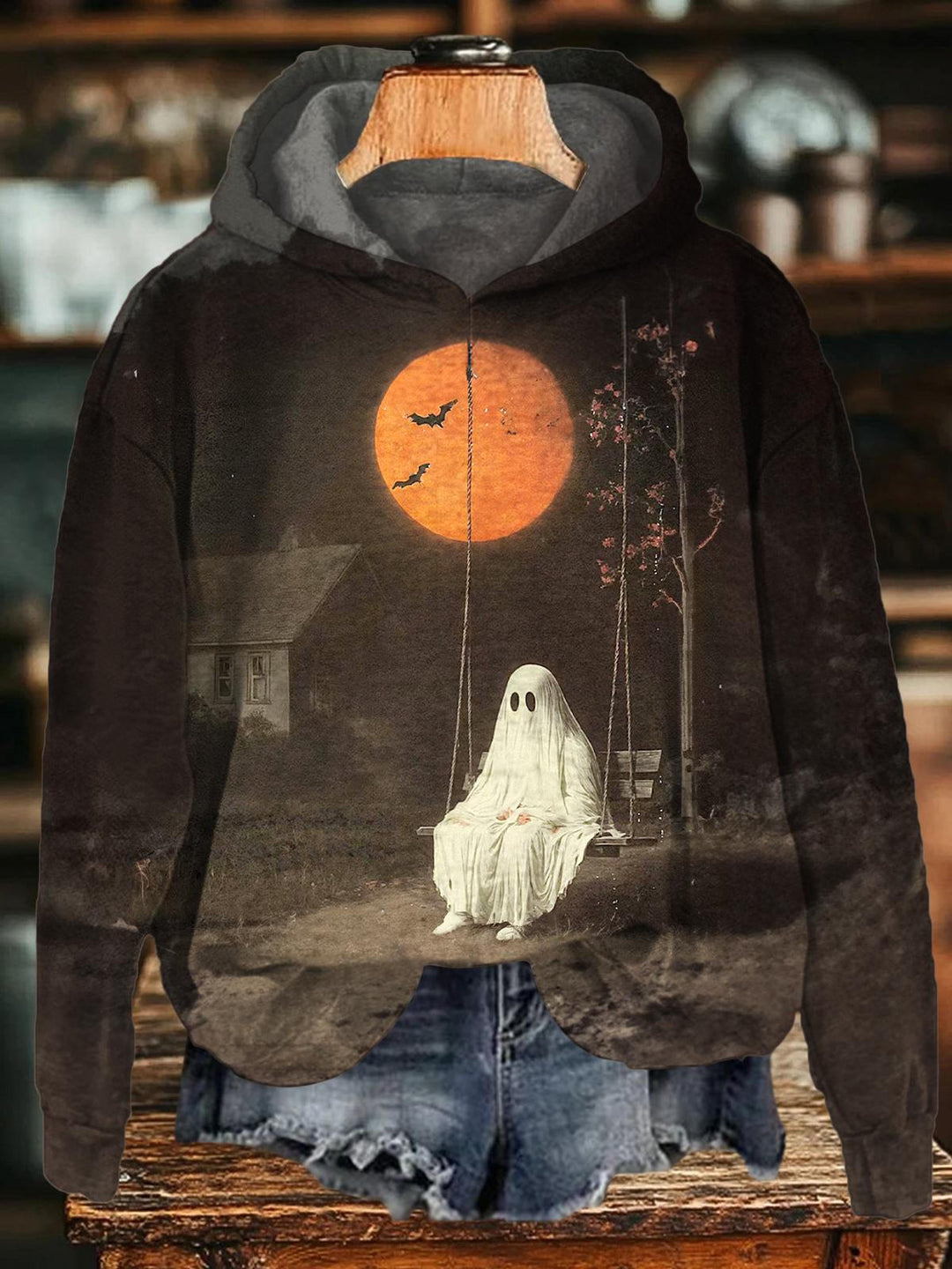 Halloween Ghost Print Long Sleeve Printed Hoodie