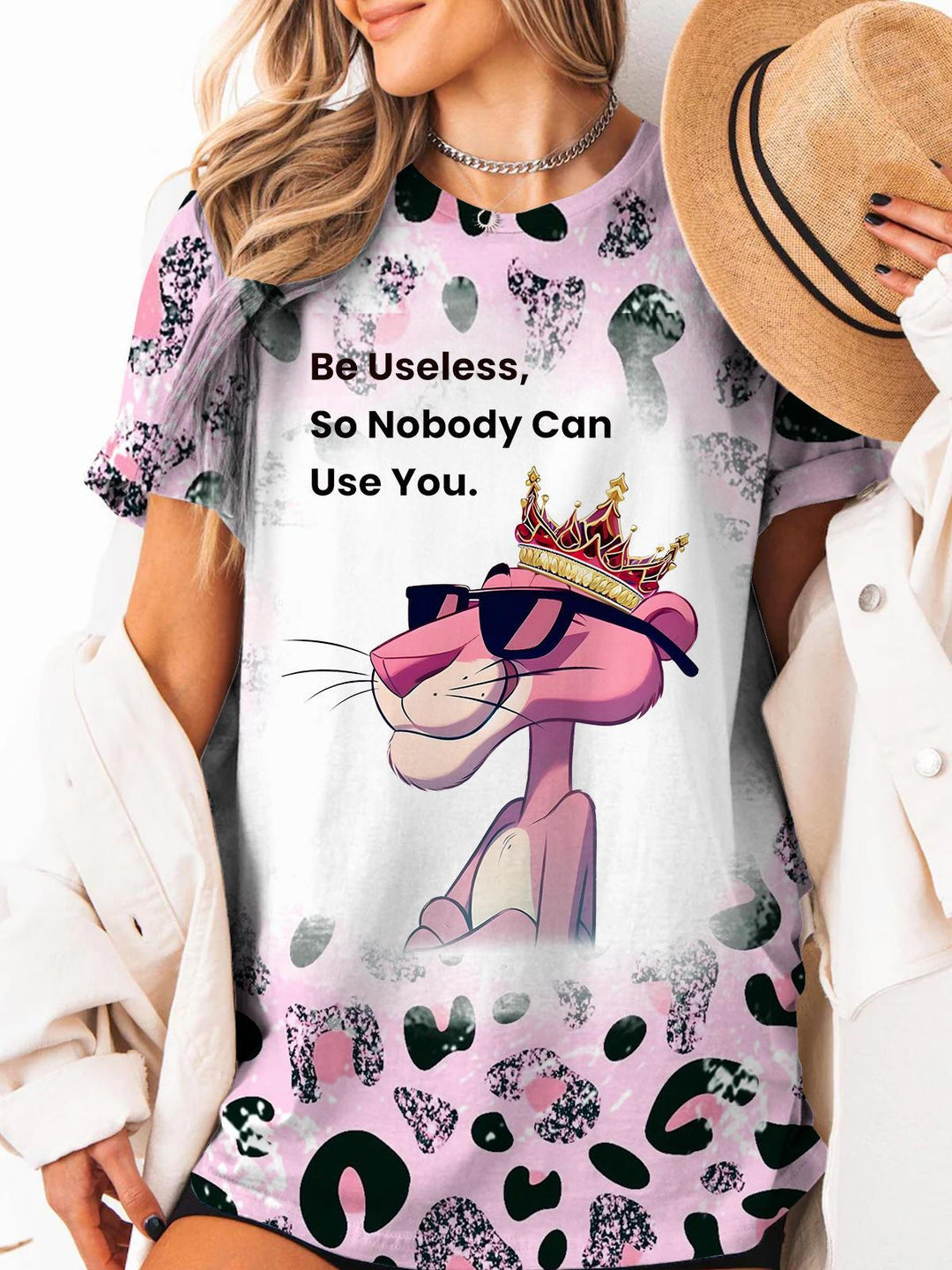 Fun Pink Panther Print Crew Neck T-shirt