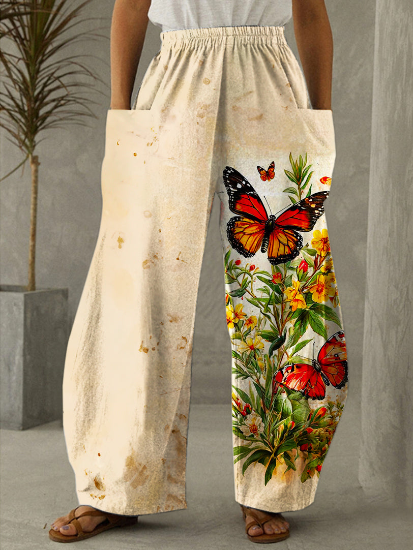 Vintage Flowers And Butterfly Print Casual Pants