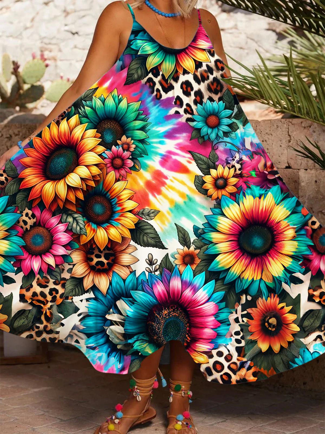 Leopard Sunflower Print Casual Spaghetti Strap Dress
