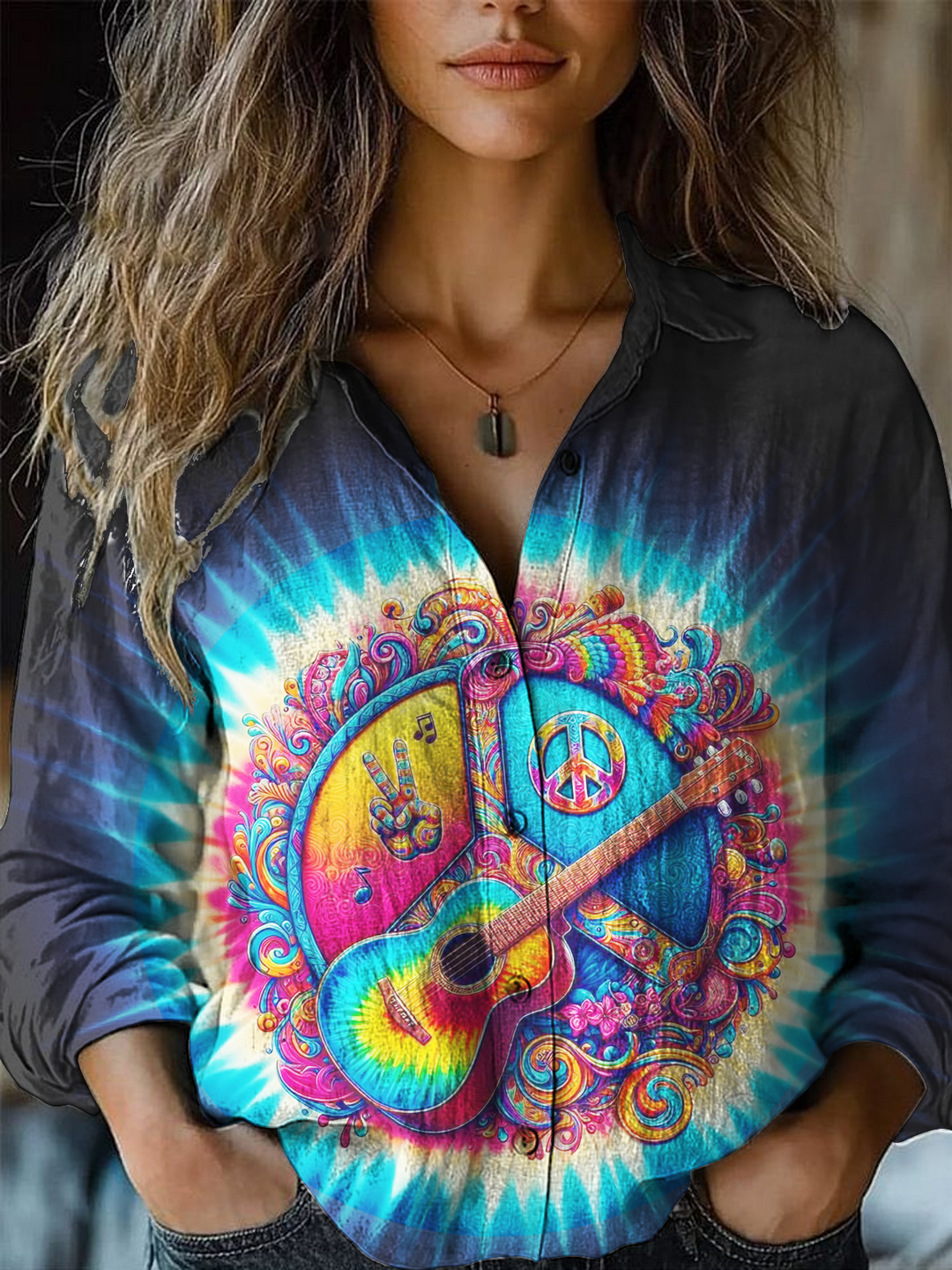 Tie Dye Hippie Love Peace Guitar Art Women's Printed Casual Shirt