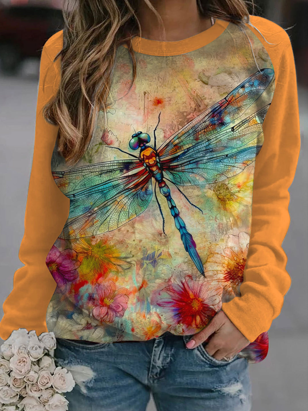 Dragonfly Fall Flowers Long Sleeve Casual Top