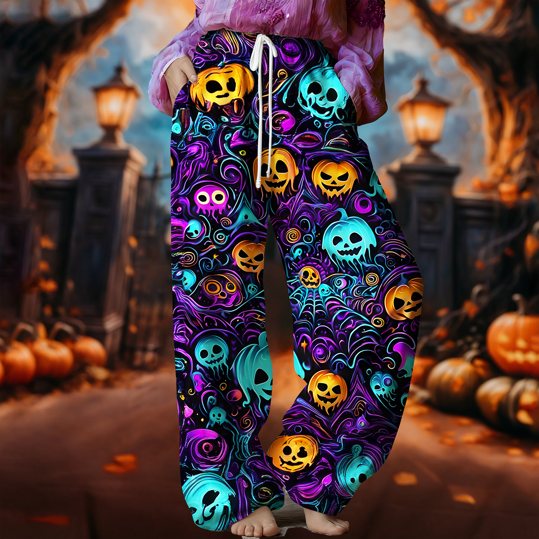 Women's Halloween spooky Neon Pumpkins Drawstring Wide-Leg Pants