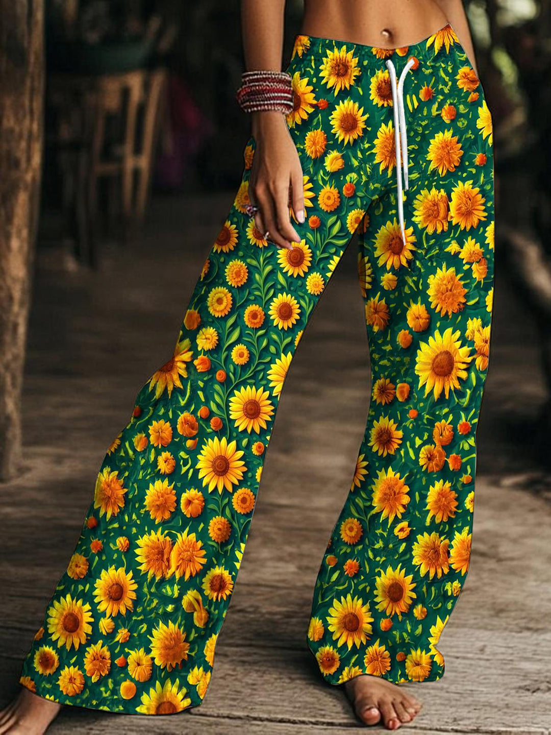 Women's Autumn Sunflower Print Drawstring Wide-Leg Pants