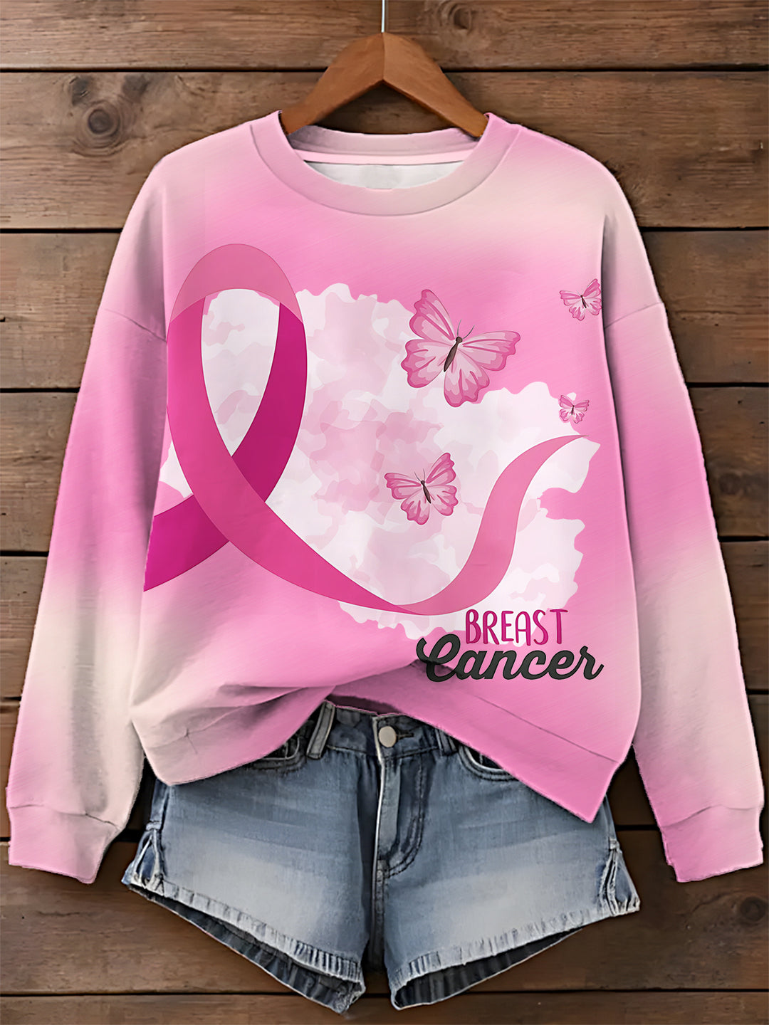 Breast Cancer Awareness Printed Long Sleeve Casual Top
