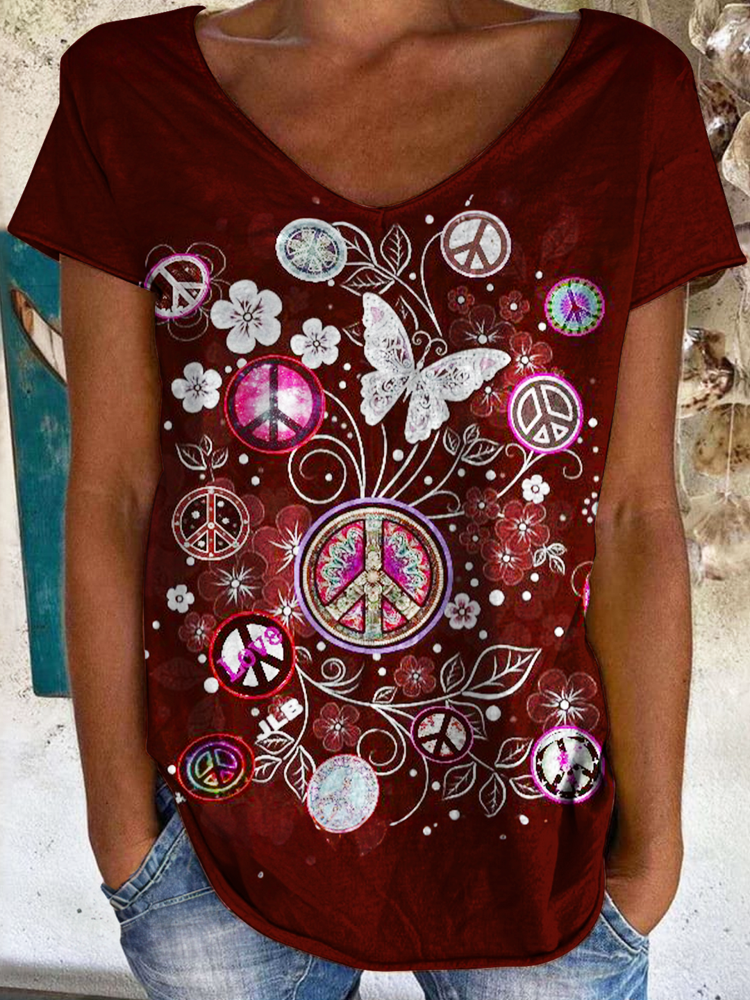 Vintage Butterfly Peace Hippie Art Ladies V Neck Tops